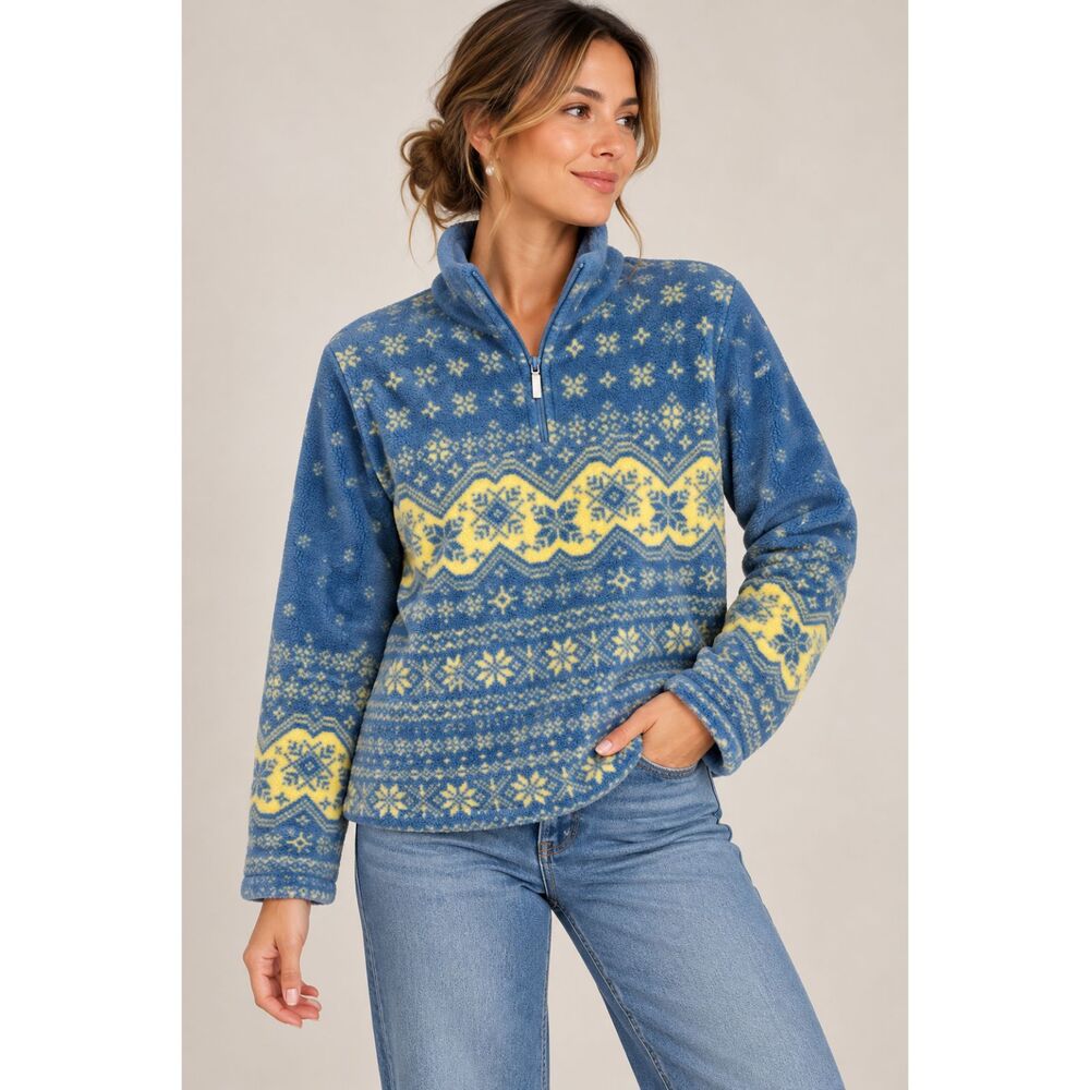 Vintage Talbots Petites Women’s L Fair Isle Snowflake Fleece 1/4 Zip Made in USA